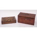 An early 19th Century harewood and boxwood strung rectangular tea caddy: with twin lidded