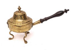 A late 18th/early 19th Century brass circular chafing dish: with pierced hinged cover with urn