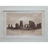 STONEHENGE : small sepia coloured etching, size 135 x 8.5 mm.