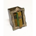 MINIATURE SILVER BOOKCASE : 3 volumes of Shakespeare in a silver faced bookcase in art nouveau