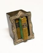 MINIATURE SILVER BOOKCASE : 3 volumes of Shakespeare in a silver faced bookcase in art nouveau