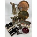 A box of assorted metal ware items. To include small copper planter, brass jugs, funnels, glass