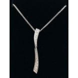 A modern 9ct white gold twist design pendant set with diamonds. On an 18" 9ct white gold fine curb
