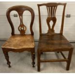 2 Victorian wooden seated chairs with carved detail to backs. A spoon backed chair with turned