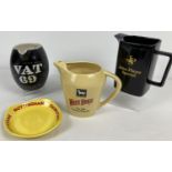 4 ceramic brewery advertising items, 3 water jugs and an ashtray. To include 2 Wade items and a