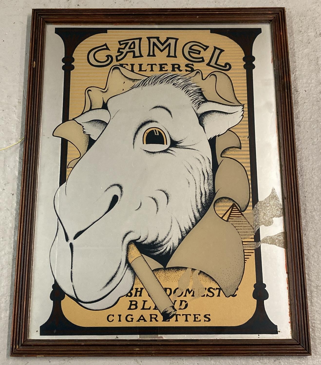 A large vintage advertising mirror for Camel Filters cigarettes, featuring Jo Camel. In dark wood