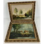 2 gilt framed oil on canvas paintings of rural river scenes. Signed to lower right. Frame size