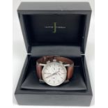 A boxed Jasper Conran 1081-80 PH13563 men's chronograph wristwatch with brown leather strap. White