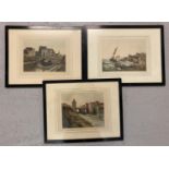 3 framed and glazed antique coloured Etchings by E. H. Barlow. Depicting a continental canal
