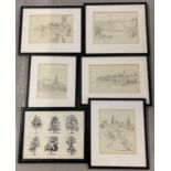 5 framed and glazed vintage pencil sketches of rural France, mostly Vezelay. Together with a