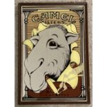 A small vintage advertising mirror for Camel Filters cigarettes, featuring Jo Camel. In dark wood