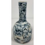 An Oriental blue and white bud vase with hand painted figural detail and signature marks to