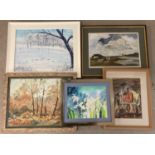 A collection of 5 framed and glazed watercolours, oils and acrylic paintings depicting rural scenes,