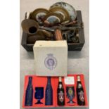 A box of mixed vintage items to include large copper jug a boxed Guinness HRH Prince Philip "