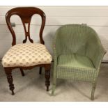 2 vintage chairs. A 1930's Lloyd loom style bucket chair in green together with a high backed,