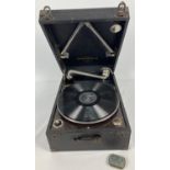 A vintage Columbia Grafonola No.112 table top gramophone. With winding handle and tin of needles. In