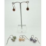 4 pair of coloured freshwater pearl and silver drop style earrings. Burgundy, gunmetal grey, peach