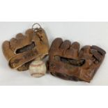 2 vintage leather baseball gloves, one marked "Softball USN" the other "Nokona". Together with a