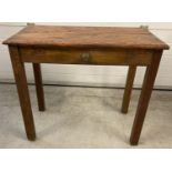 A vintage pine console/hall table with central drawer and square legs. Approx. 72cm tall x 82cm