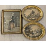 3 Victorian tinted etchings in gilt frames. A pair of oval shaped etchings of rural cottage