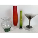 4 large clear & coloured art glass vases. A slim orange glass faceted vase, a silvered glass