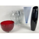 4 large pieces of clear & coloured art glass. A tall black vase with slanted rim (approx. 40cm