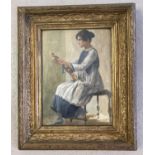 A late Victorian oil sketch of a woman with her violin, in period gilt wooden frame. Frame size 41cm