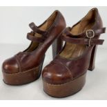 A pair of vintage 1970's brown leather chunky platform double buckle shoes. By Freeman Hardy &