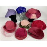 8 assorted women's vintage hats in pink and purple colours. Various designs, to include examples