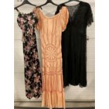 3 vintage 1930's/40's full length evening dresses, 2 with lace detail and 1 in a floral design.