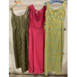 3 vintage 1960's full length, sleeveless cocktail dresses - 2 with metallic thread. To include