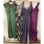 4 vintage 1930's/40's chiffon and satin full length, sleeveless evening gowns.