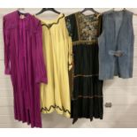 4 items of vintage 1790's clothing. 3 tunic style dresses together with a denim blue suede waistcoat