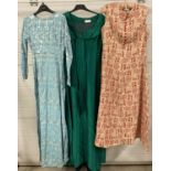 3 vintage 1960's full length evening dresses. 2 with long sleeves and 1 sleeveless.