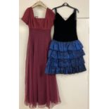 2 Ladies evening dresses. A vintage 1980's taffeta ruffle skirt dress with black velvet bodice (size