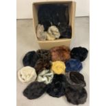 A large box of assorted vintage real & faux fur hats and bonnets in various colours.