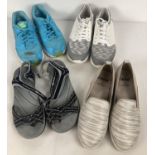 4 pairs of womens worn sports shoes, all size 6. A pair of blue Nike trainers and Karrimor