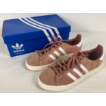 A pair of boxed Adidas Campus suede trainers in coral pink. Size 4½, not original box. Show very
