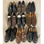A box of mens assorted worn leather shoes, in varying styles. To include Church's (with wooden