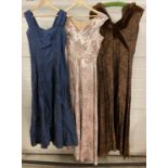 3 vintage 1950's sleeveless full length cocktail dresses, 2 satin & 1 with metallic thread. To