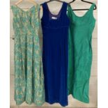 3 vintage 1960's sleeveless full length cocktail dresses in blue & green colours. To include Global.