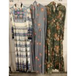 3 1970's vintage maxi dresses with floral designs. By Richard Shops, Carnegie of London and David