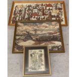 2 framed and glazed ethnic print design fabric pictures together with a Japanese block print