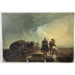 A small oil on papier mache board depicting English civil war soldiers. Indistinct signature to