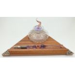 A modern wood and glass ink stand with 800 silver corner mounts. Clear glass ink bottle with