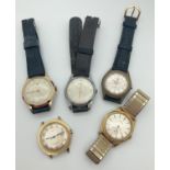A collection of 5 men's vintage wrist watches with both leather and stainless steel straps. To