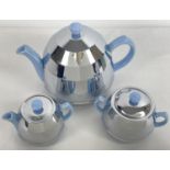 A vintage 3 piece 1950's Heatmaster teaset in pale blue with chrome covers and bakelite knobs.