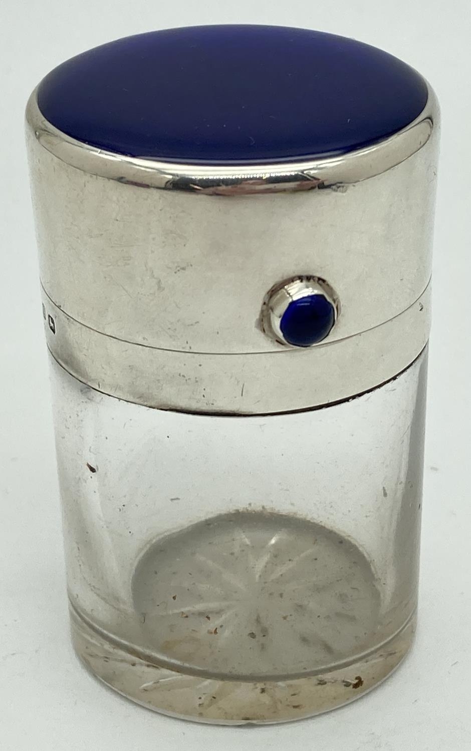 A late Victorian silver lidded vanity pot with royal blue guilloche lid top & button. Hinged lid