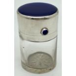 A late Victorian silver lidded vanity pot with royal blue guilloche lid top & button. Hinged lid