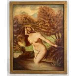 A vintage oleograph of a naked woman bathing in a river. Some cracking and flaking to canvas.